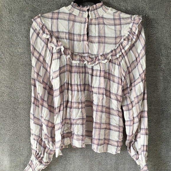free People Plaid Ruffle Mock Neck Blouse- Sz Small - Picture 7 of 13